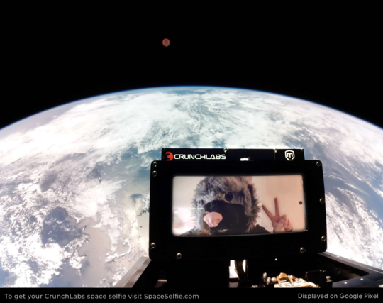 Photo of a screen showing a rat fursuiter.

In the background is the earth, visible from space.

The photo has been take from a sattelite by Crunchlabs