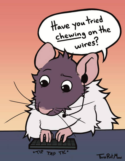 Comic panel.

A cartoon rat with a headset and keyboard asking "Have you tried *chewing* on the wires?"