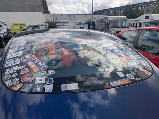 Backside of a car. Window covered in stickers and a fursuit head visible