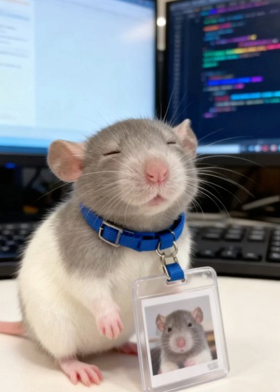 a small young rat, wearing a collar with an ID tag with a photo of the rat