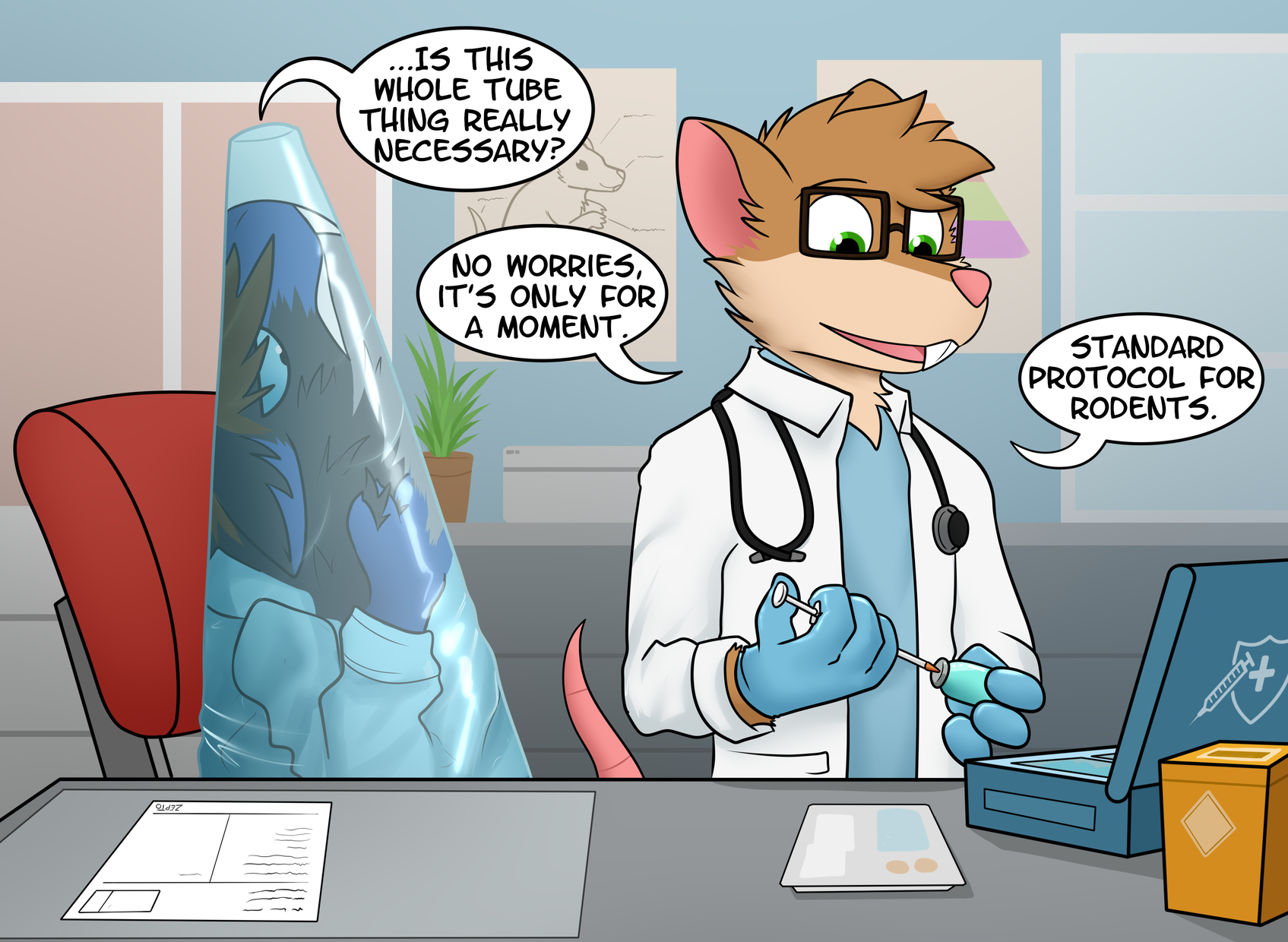 cartoon. an anthro rat with blue fur is at a rat-doctor and is stuck in a big piping bag. Asking: &quot;Is this whole tube thing really necessary?&quot; Rat doc, preparing an injection: &quot;No worries. It&#39;s only for a moment. Standard protocol for rodents