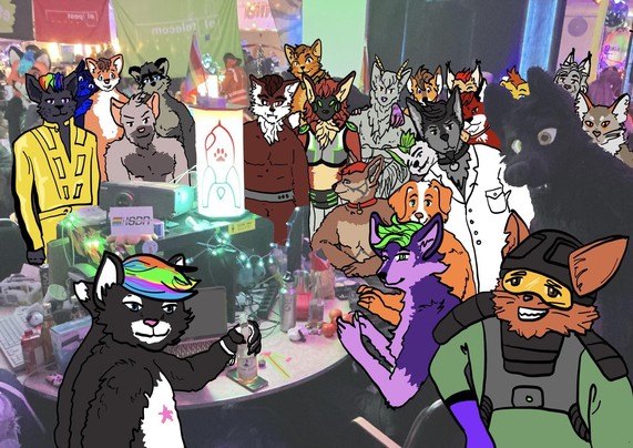 A 39c3 group photo overdrawn with fursonas 