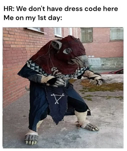 HR: We don't have dress code here
Me on my 1st day:

[Photo of a skaven cosplay / fursuit]
