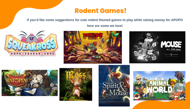 Screenshot of the Apopo Fundraiser toolkit slide, showing a range of rodent starring games