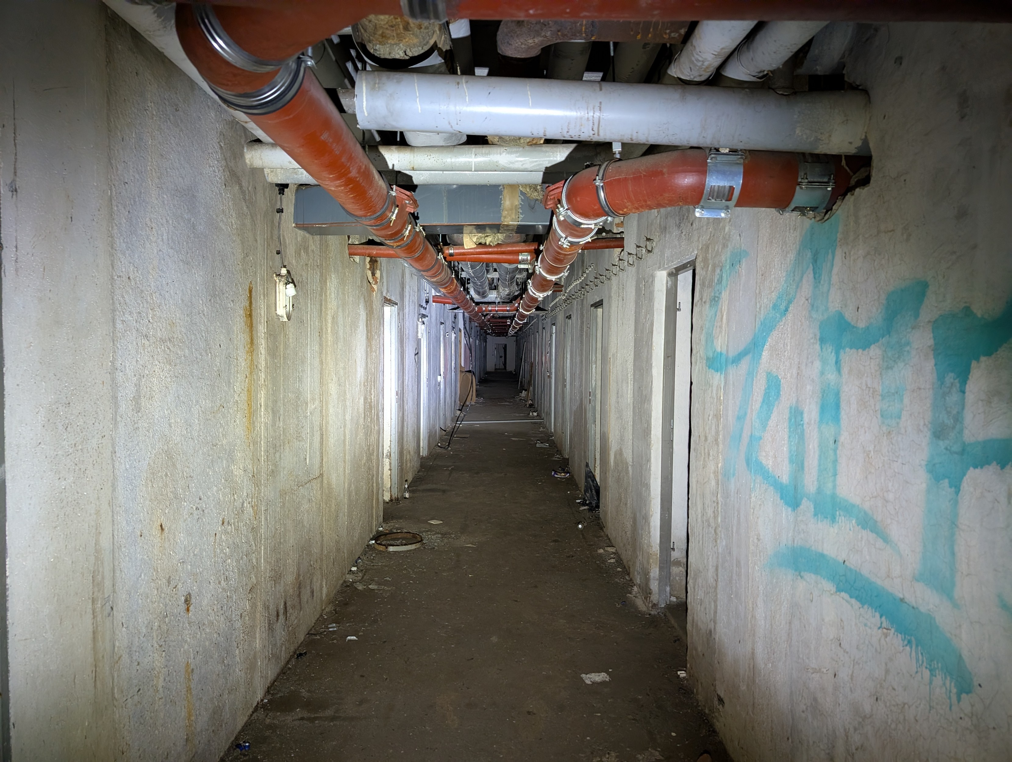 Long basement hallway with lots of doors on either side and pipes on the ceiling