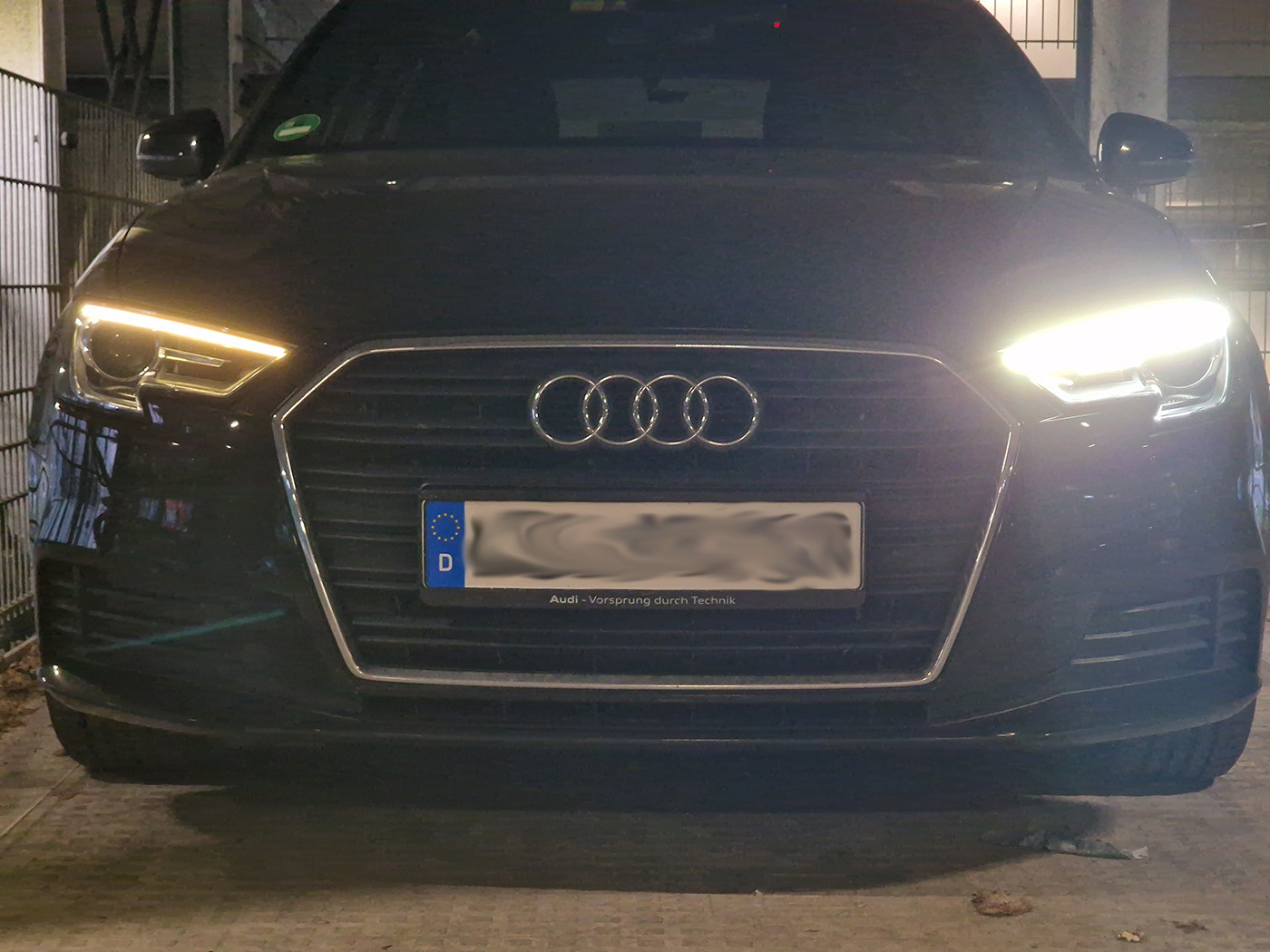 Photo of a car's front, with the LED daytime running light on one side being very much not as bright as on the other side. It's ironic that none of the classic bulbs or xenon lamps failed at any time, but instead the most obviously non-replacable light on the entire vehicle. Gotta love modern cars. I'm sure it will need a new light cluster that will cost more than what the vehicle is worth.