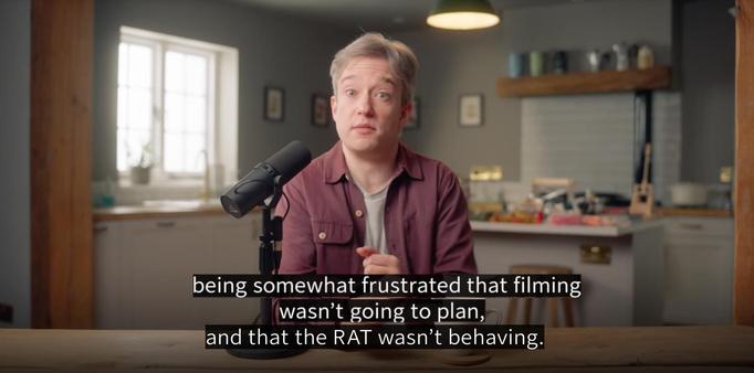 screemshot of new "Tom scott - England" episode, showing Tom, captioned "Being somewhat frustrated, that filming wasn't going to plan, and that the RAT wasn't behaving"