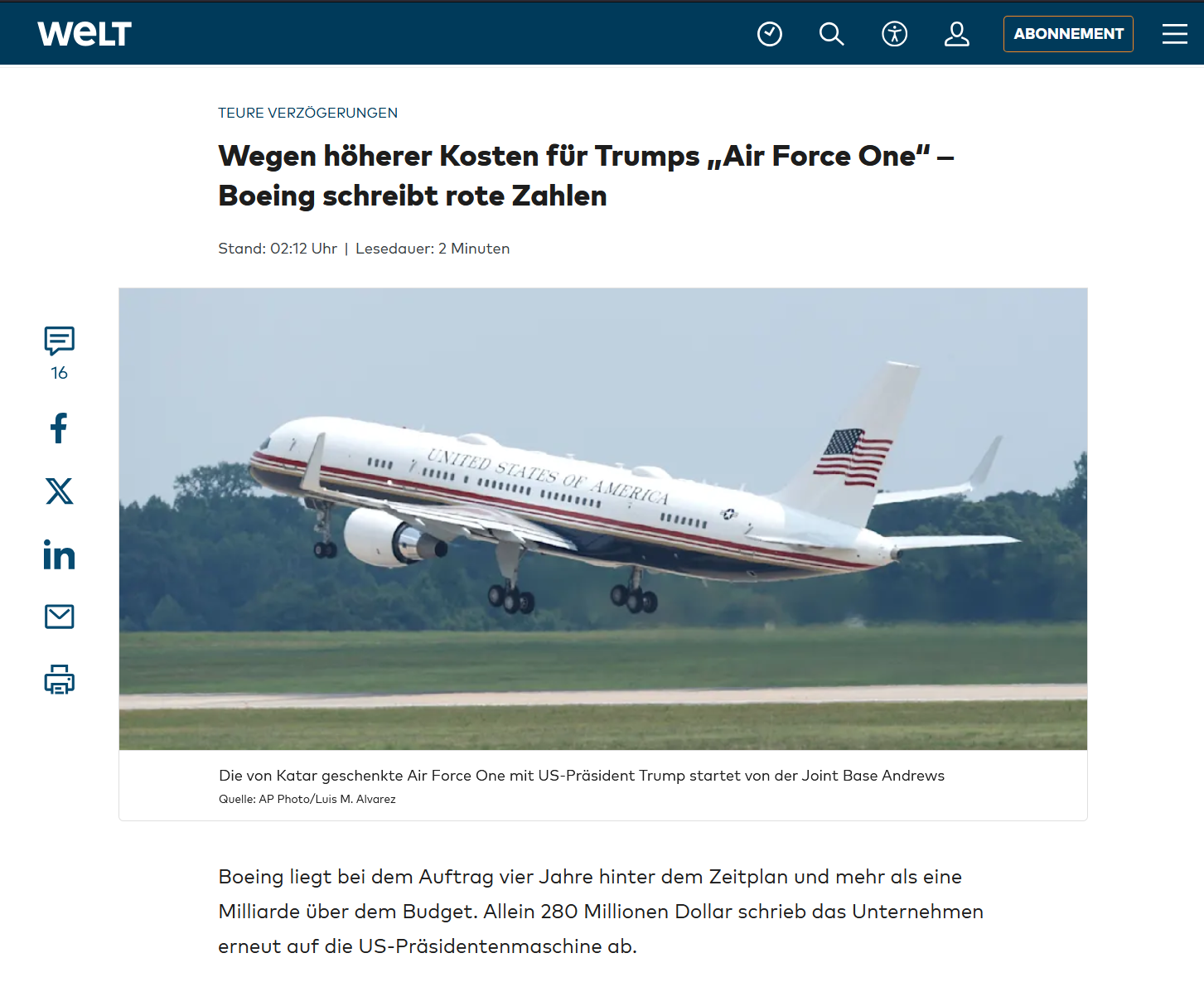Screenshot of an article by Welt, talking about problems Boeing faces with regard to the new Air Force One(s). The photo is supposed to show the aircraft that was gifted to Drumpf by Qatar, but it actually shows a C-32 (a military variant of the 757) that is very much not the four-engined behemoth that would be a 747.