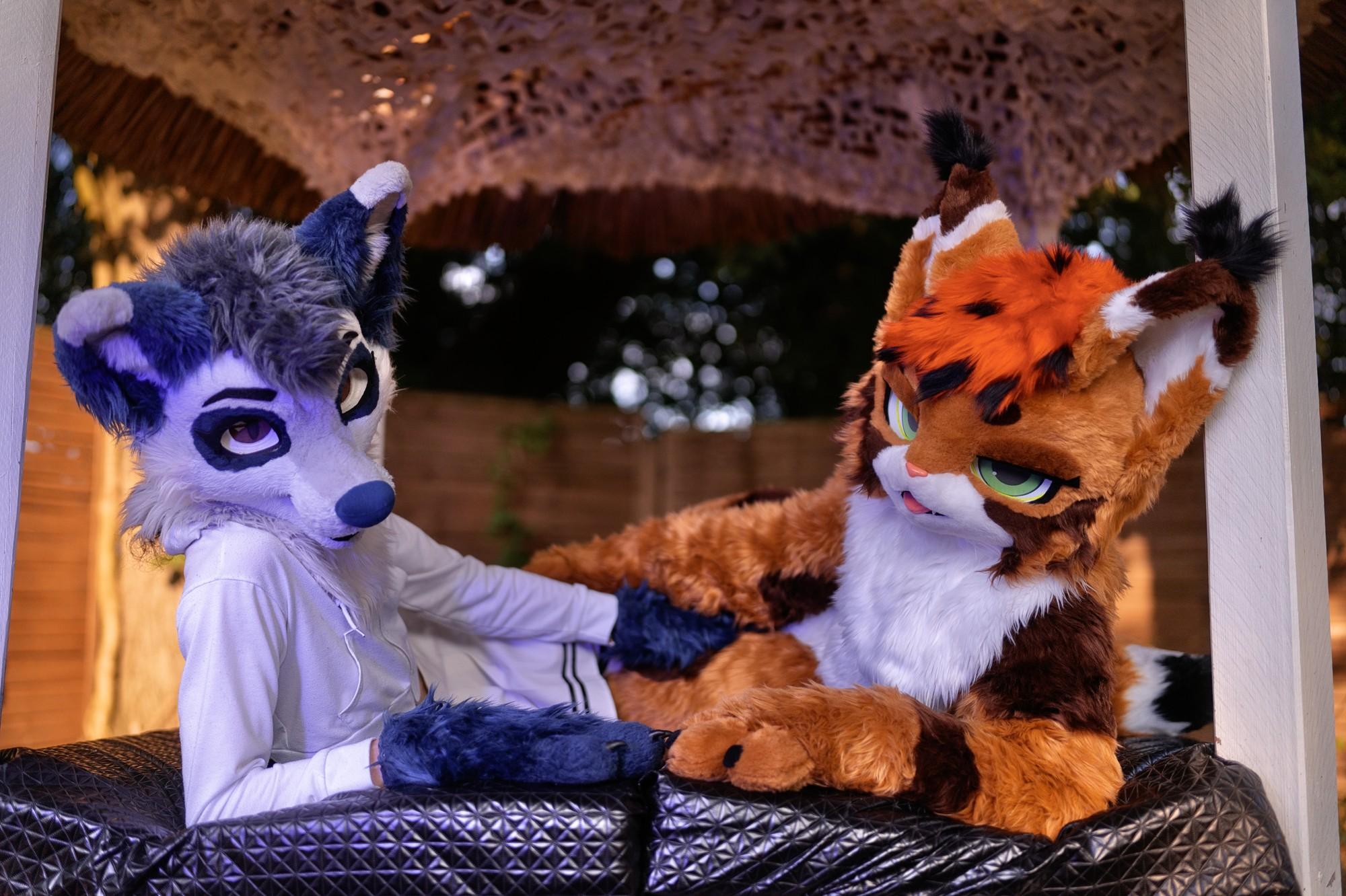 Marble and Cato laying on a kind of bed with a roof above it, outdoors. Marble is a light gray fox with blue markings and drk gray hair in partial fursuit, Cato is a caramel and white colored lynx with brown markings, red hair with black tips, and green eyes. Both are laying on their side, like mirror images, upper bodies resting on their elbows and the other arm resting on their body. They are looking at the viewer with a seductive expression.
