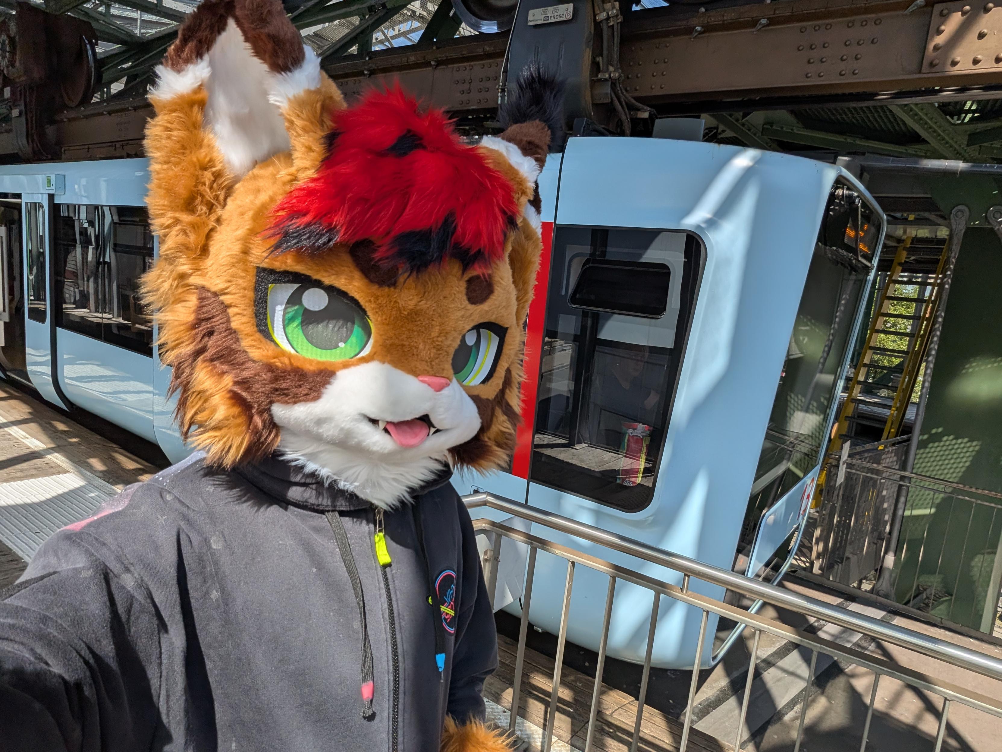 Selfie of Cato in partial fursuit, next to a suspended monorail train
