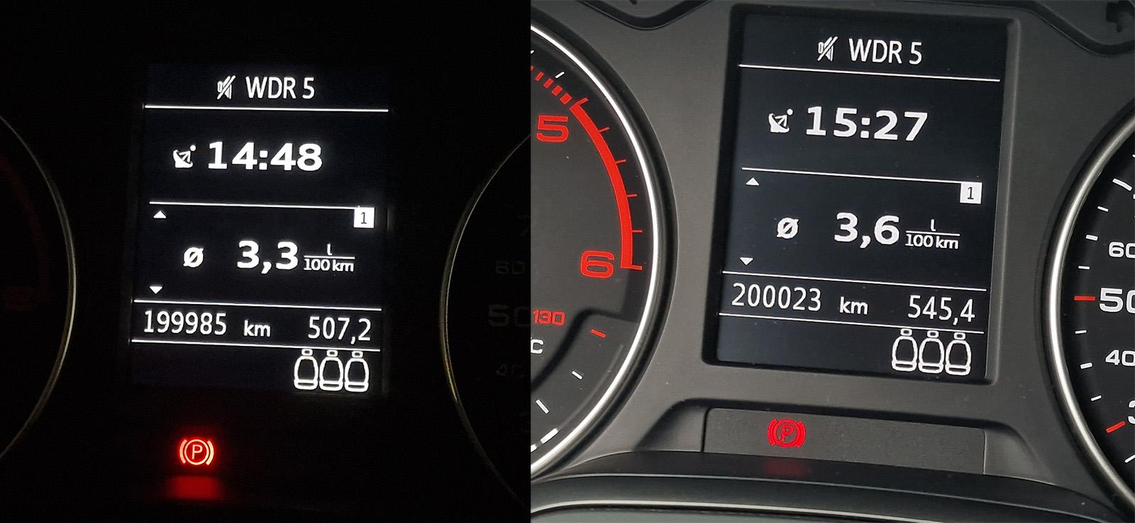 Side-by-side photo of a car's odometer (among other things) before and after rolling over the 200 thousand kilometer mark. Couldn't really take a photo of the nice, round number, since I was driving...
